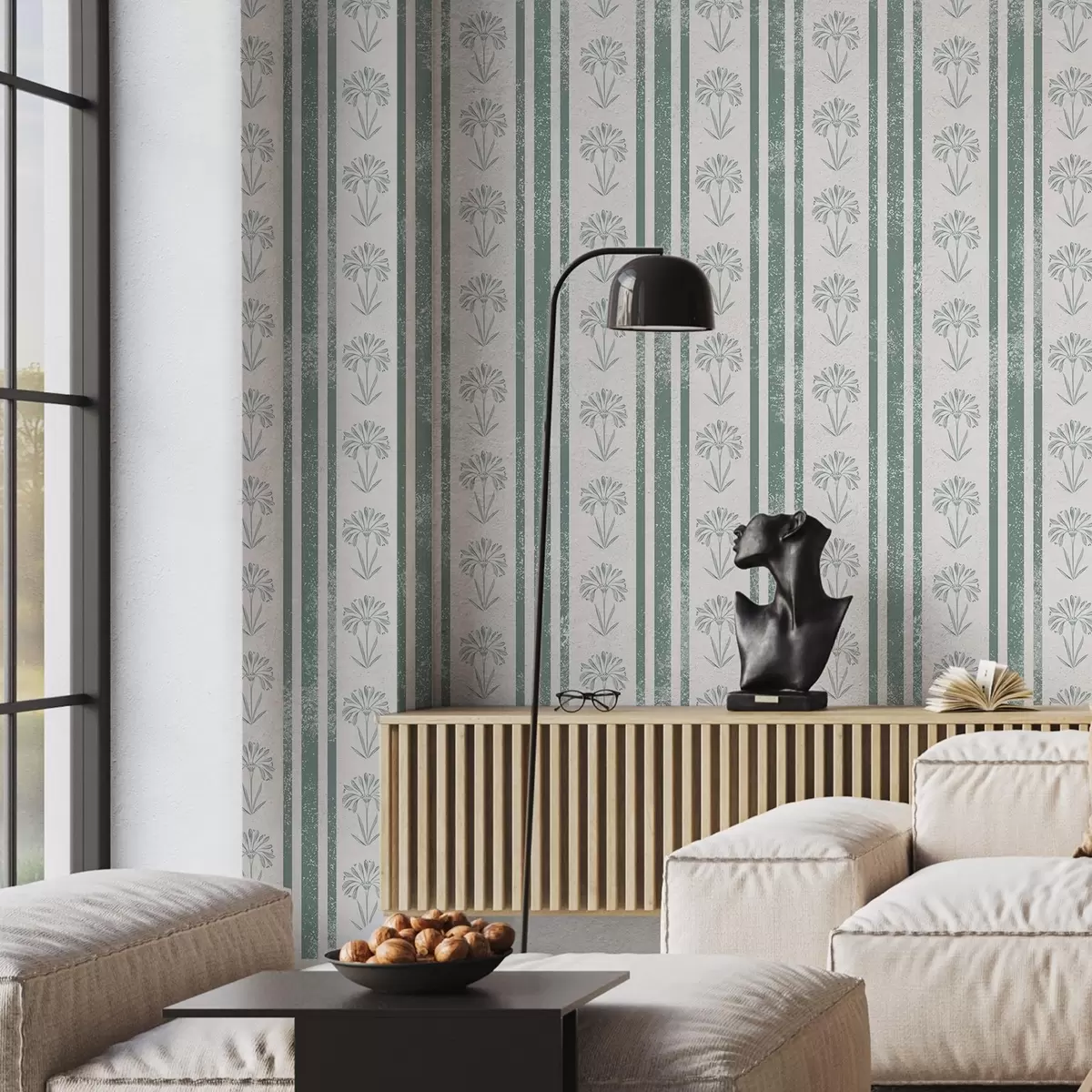 Wallpaper Ribbon pattern with flowers in green shades a00732