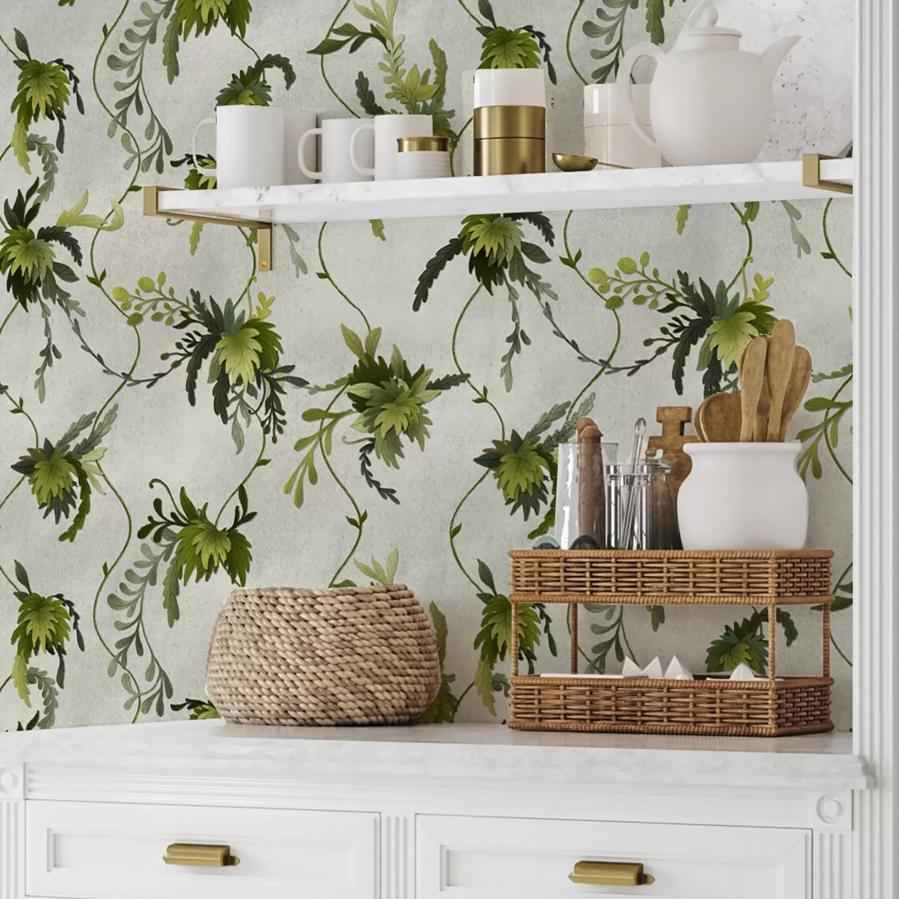 wall murals Climbing branches with leaves on a light background a00806