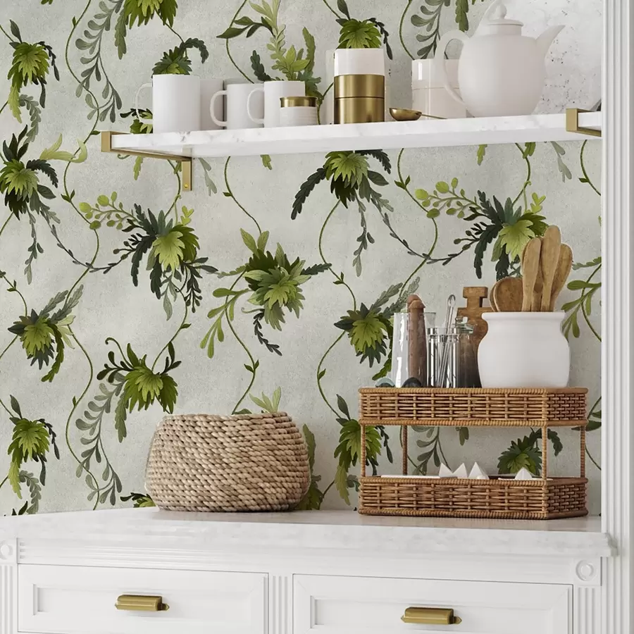 wall murals Climbing branches with leaves on a light background a00806