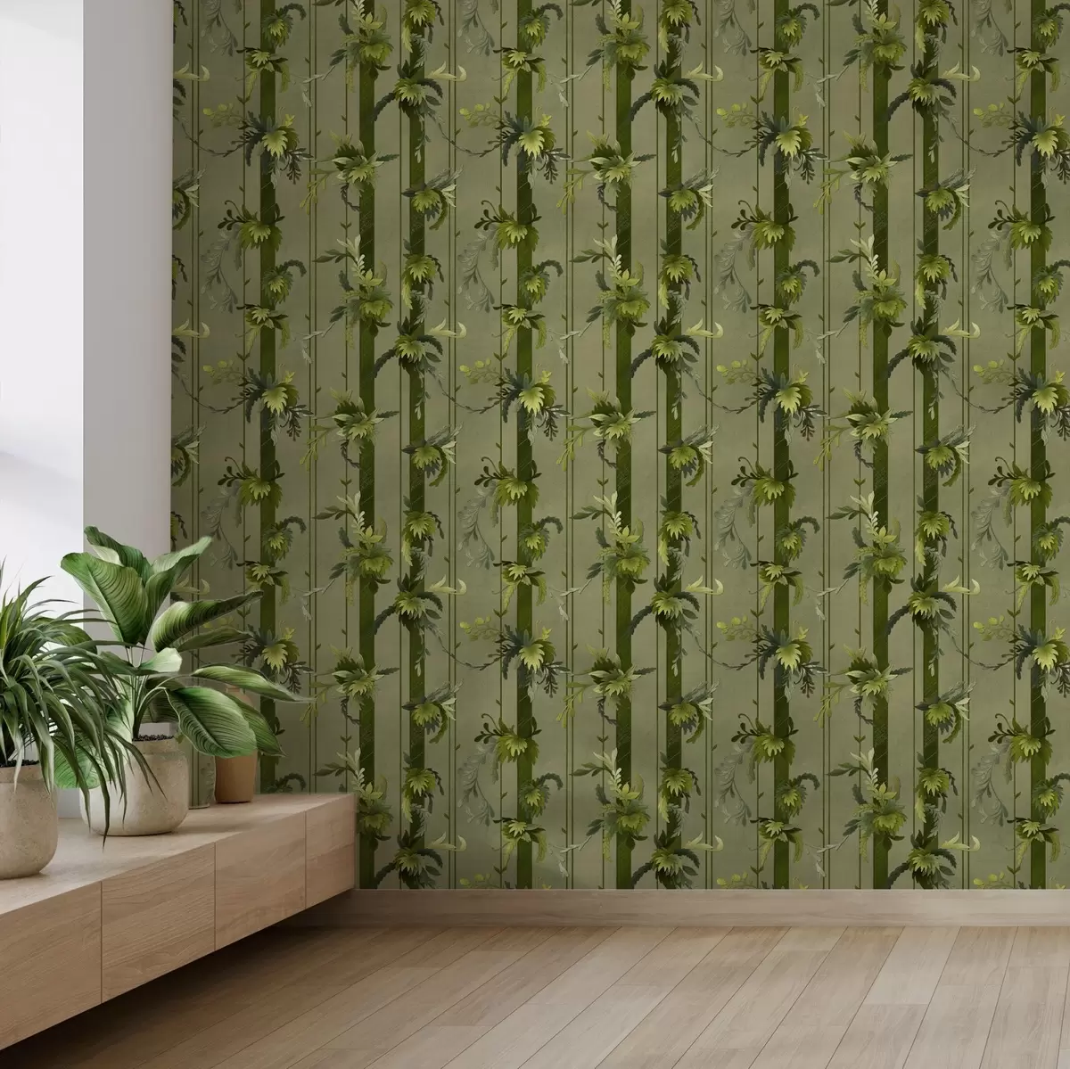 Wallpaper Grapevine leaves and clusters in light green watercolor tones a00807