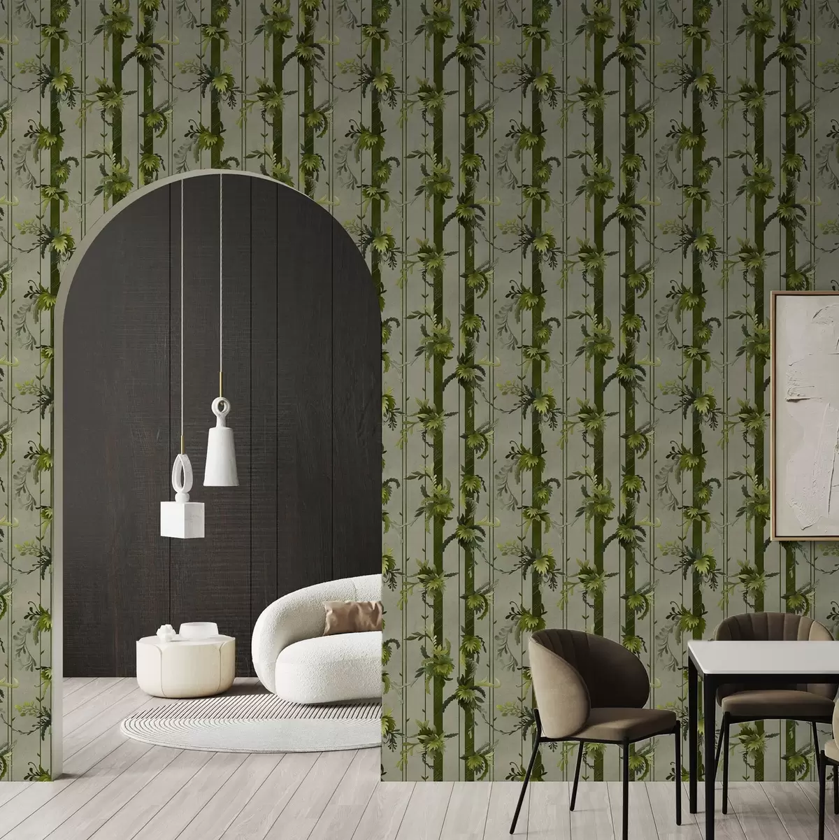 Wallpaper Green leaves in vertical stripes on a gray background a00807v1