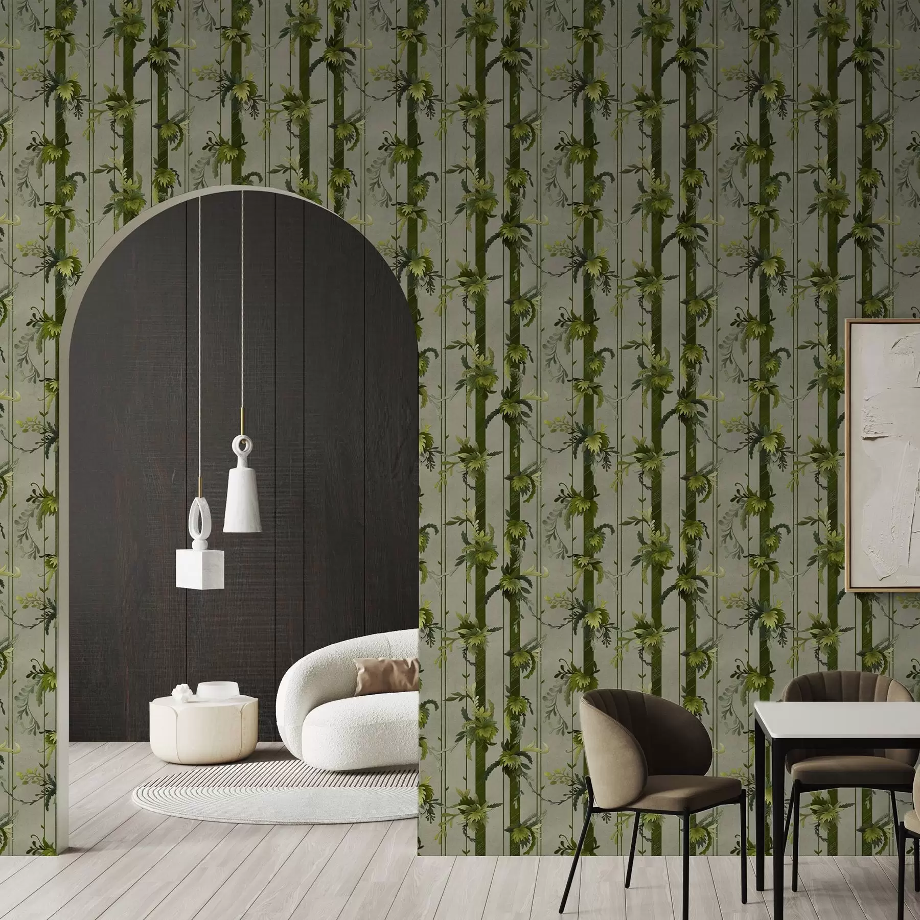 wall murals Green leaves in vertical stripes on a gray background a00807v1