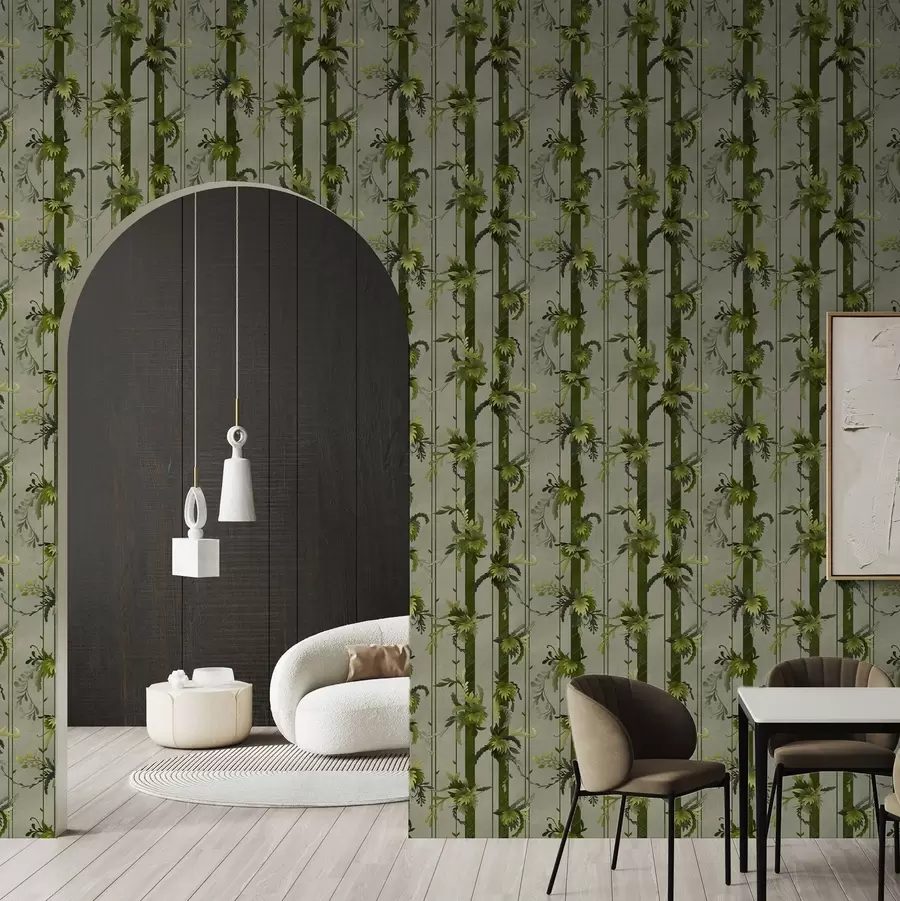 wall murals Green leaves in vertical stripes on a gray background a00807v1