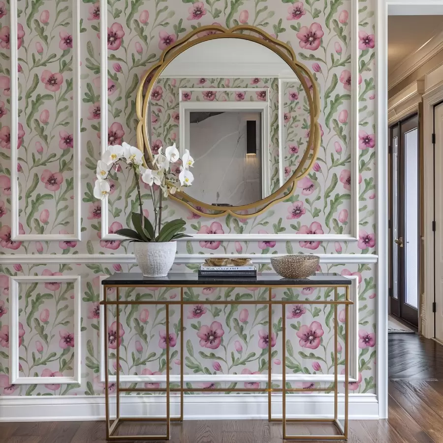 wall murals Delicate pink poppies with leaves in watercolor technique a00830