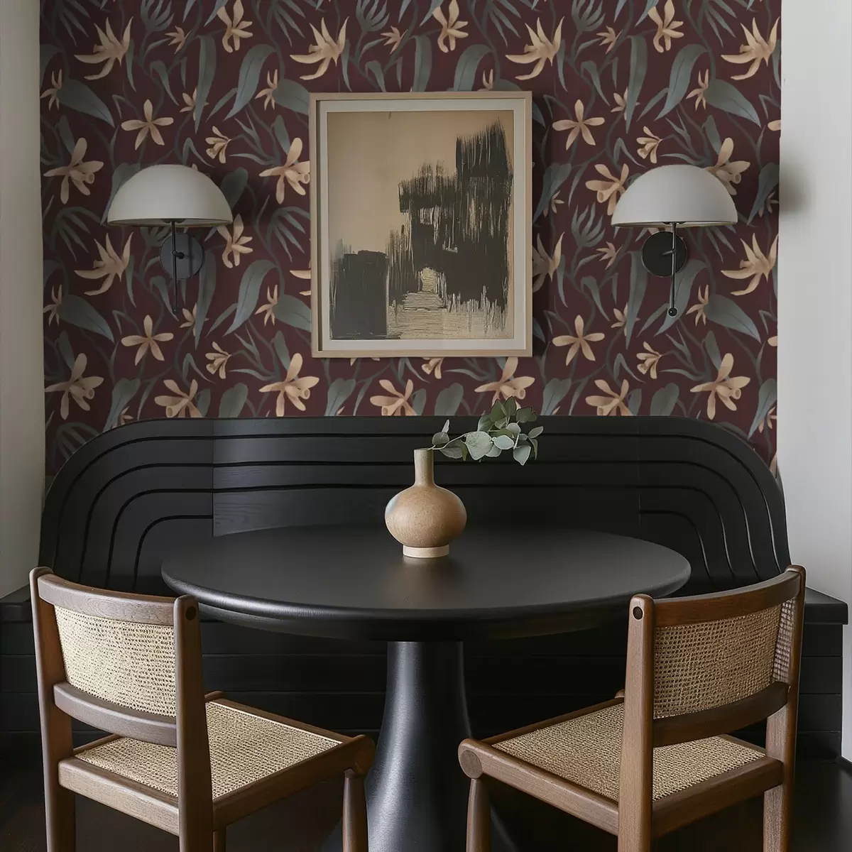 Wallpaper Cream flowers with gray leaves on a burgundy background a00833