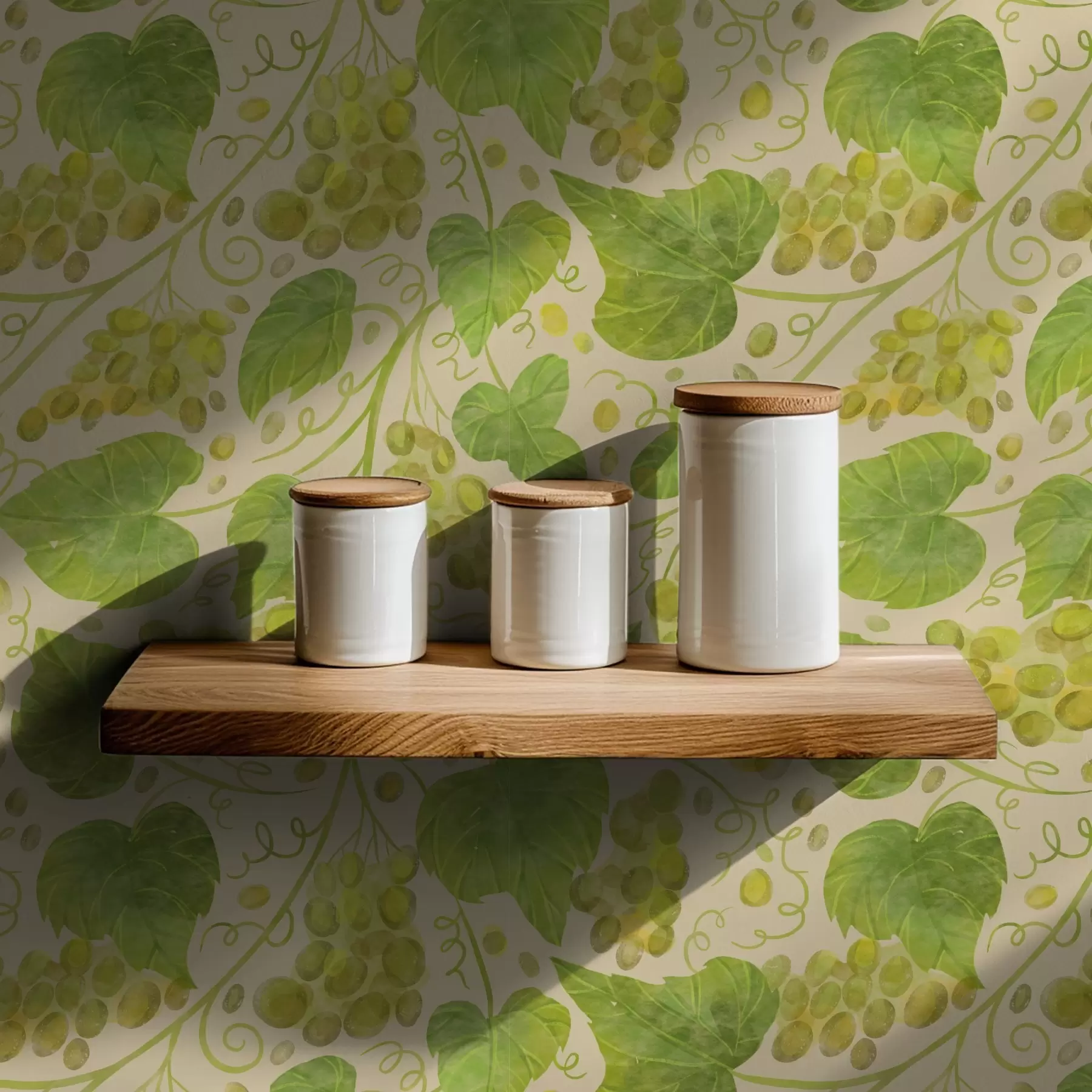 wall murals Grapes and green leaves on a light background a00834