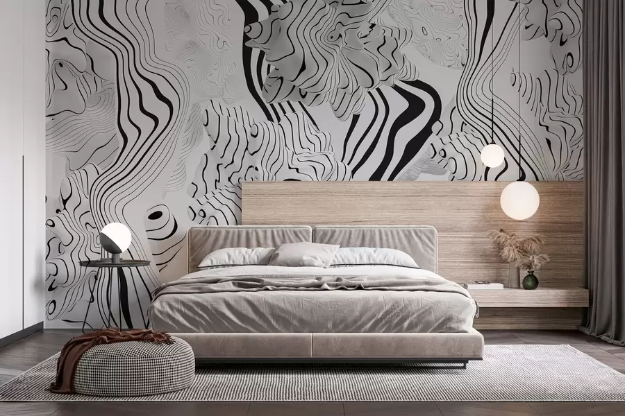 wall murals abstract organic shapes in 3D style in white and grey tones with black stripes w04627