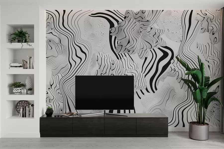 wall murals abstract organic shapes in 3D style in white and grey tones with black stripes w04627