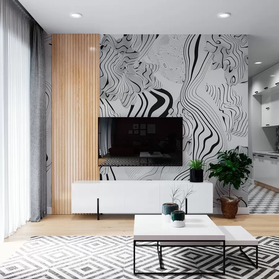 wall murals abstract organic shapes in 3D style in white and grey tones with black stripes w04627