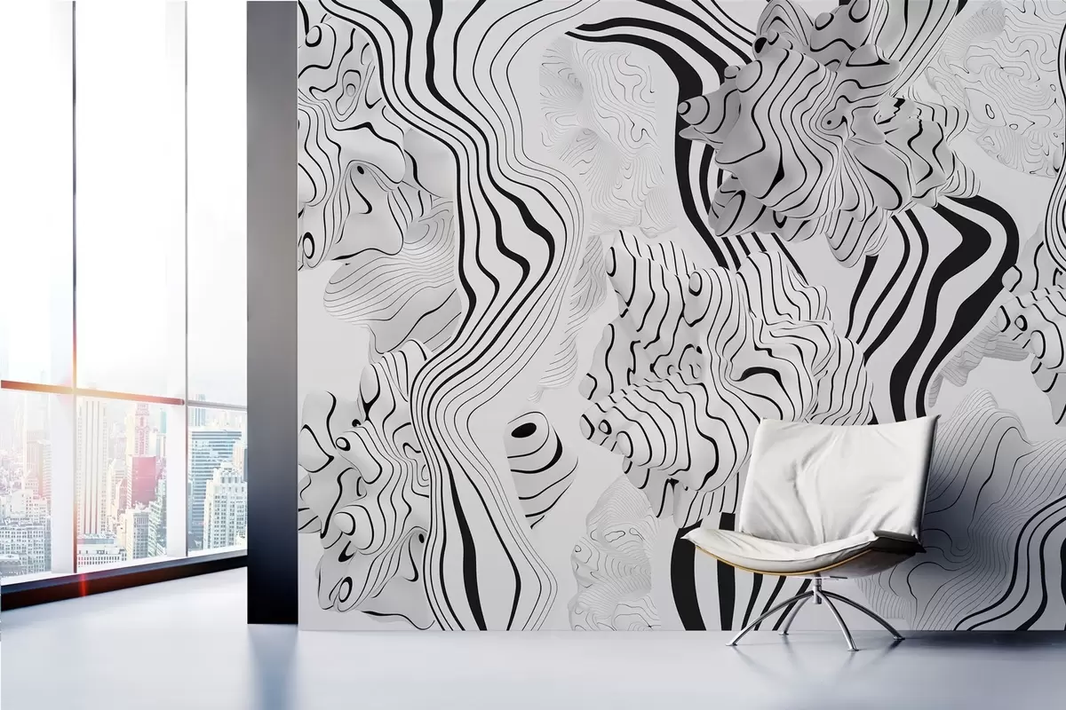 wall murals abstract organic shapes in 3D style in white and grey tones with black stripes w04627