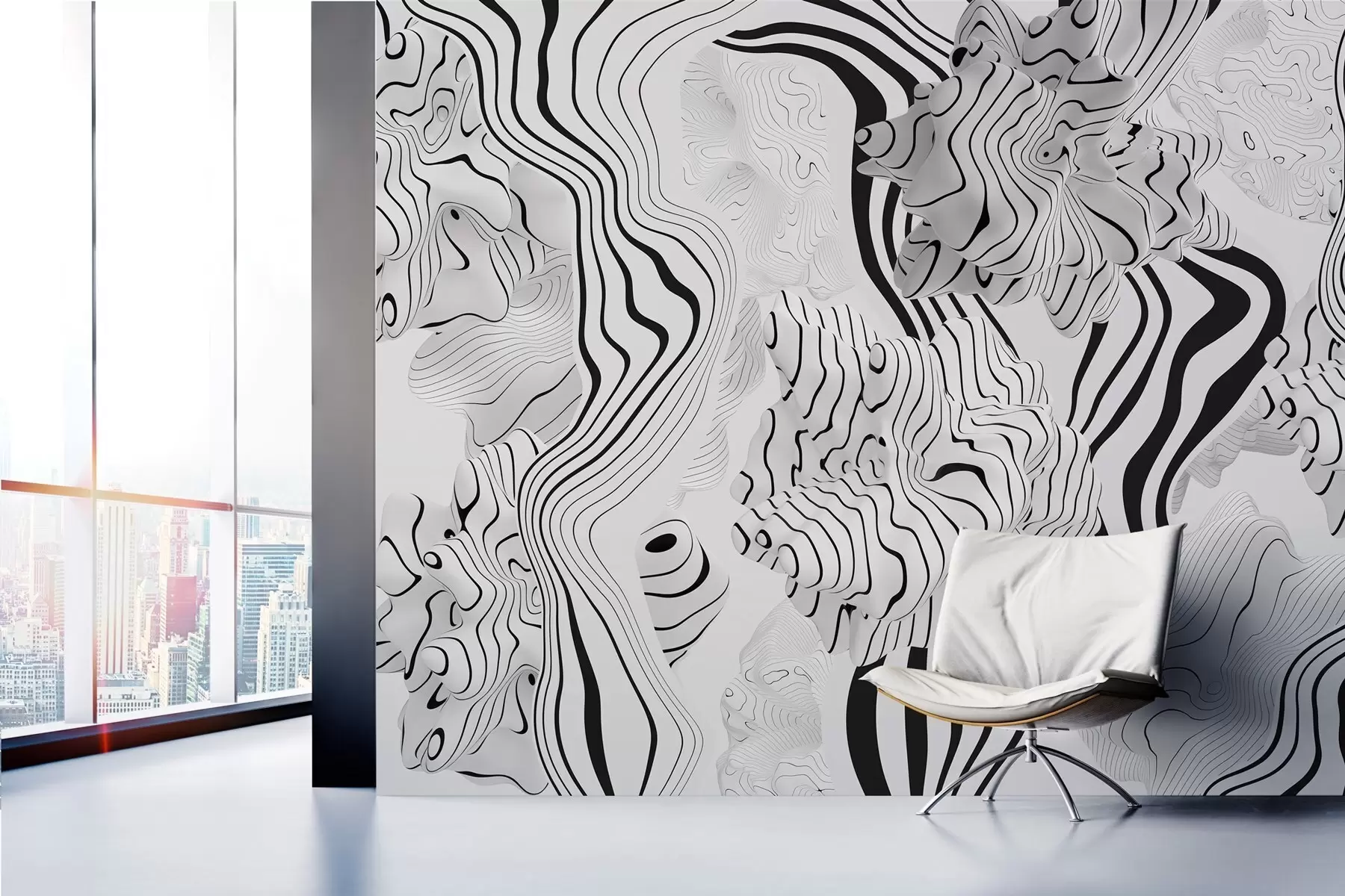wall murals abstract organic shapes in 3D style in white and grey tones with black stripes w04627