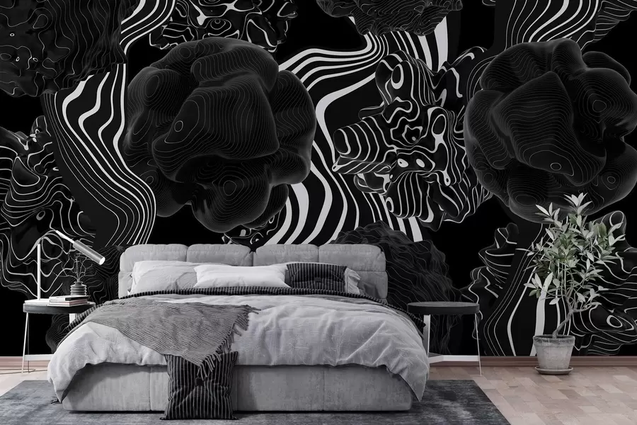 wall murals abstract organic shapes in 3D style in black tones with white stripes w04628