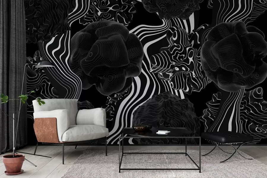 wall murals abstract organic shapes in 3D style in black tones with white stripes w04628