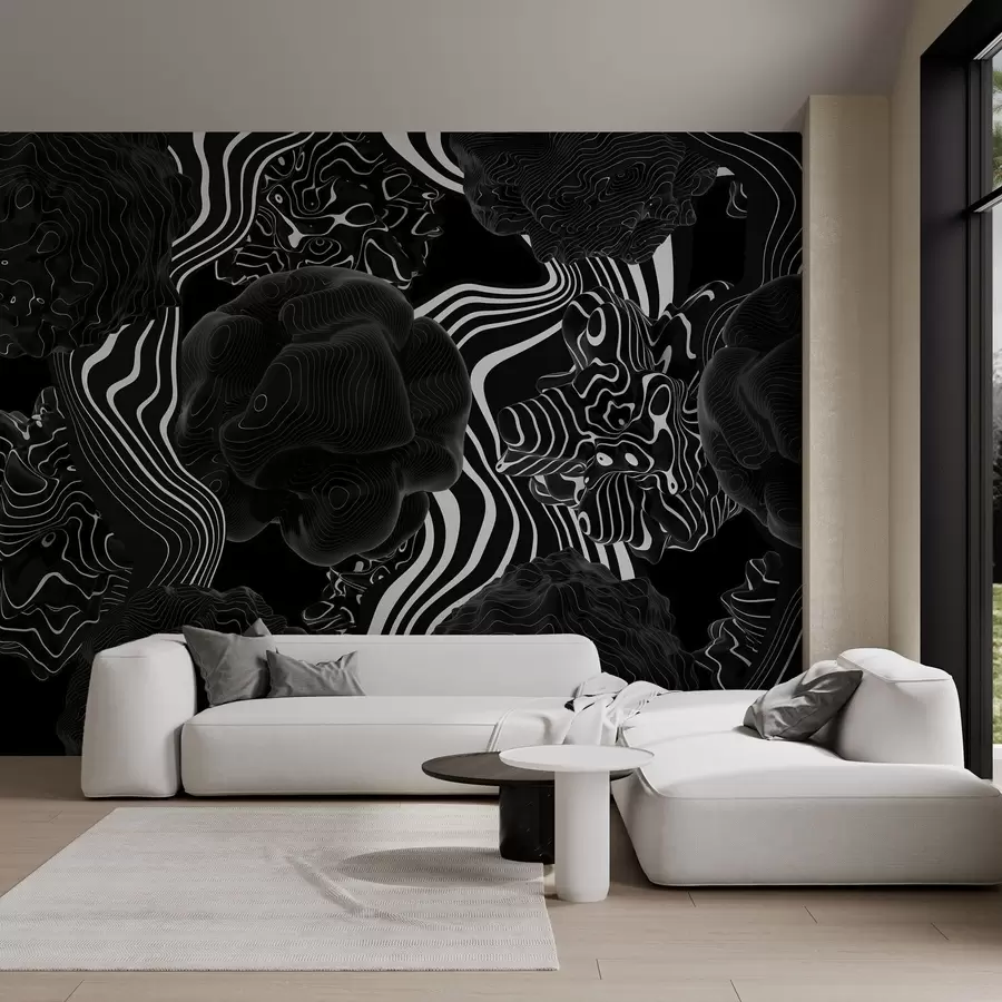 wall murals abstract organic shapes in 3D style in black tones with white stripes w04628