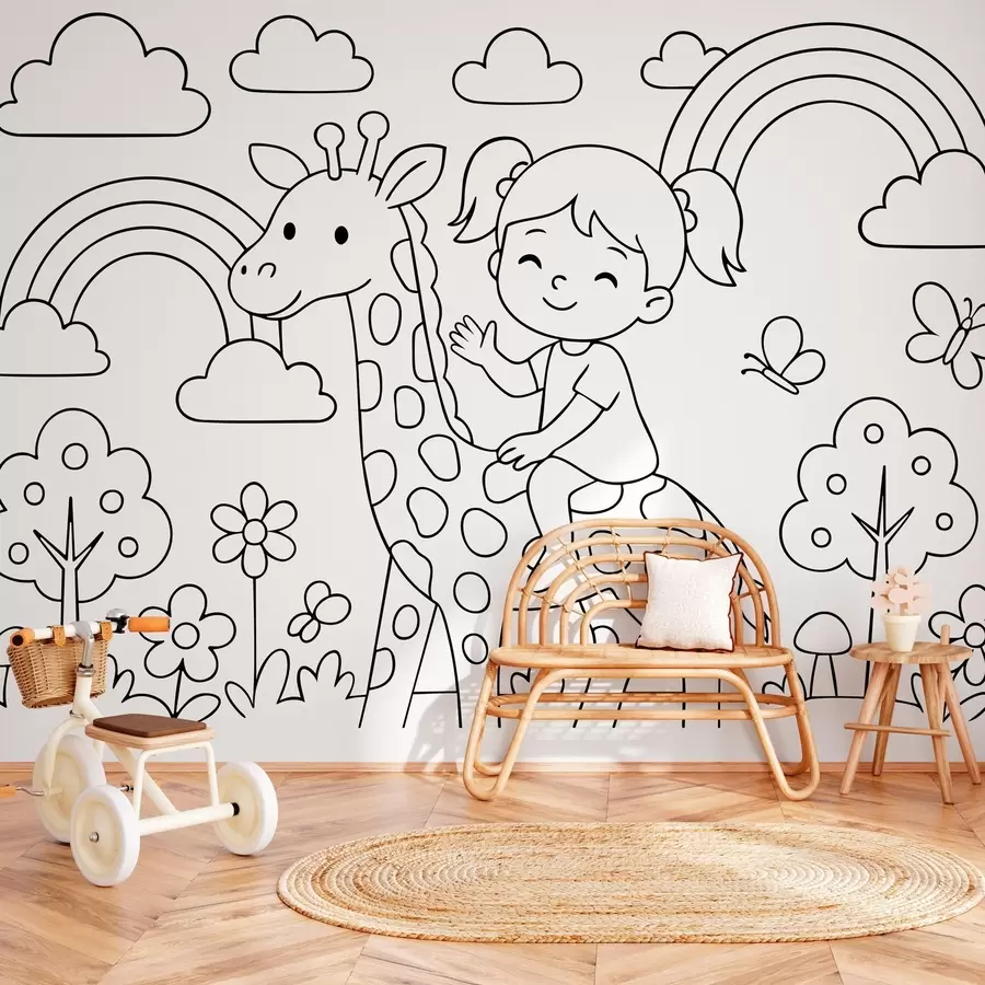 wall murals black and white drawing of a girl on a giraffe in the style of a children's colouring book w04753