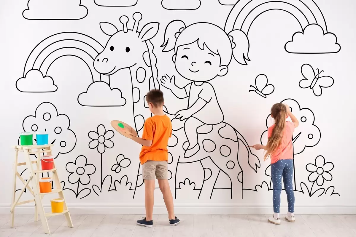 wall murals black and white drawing of a girl on a giraffe in the style of a children's colouring book w04753