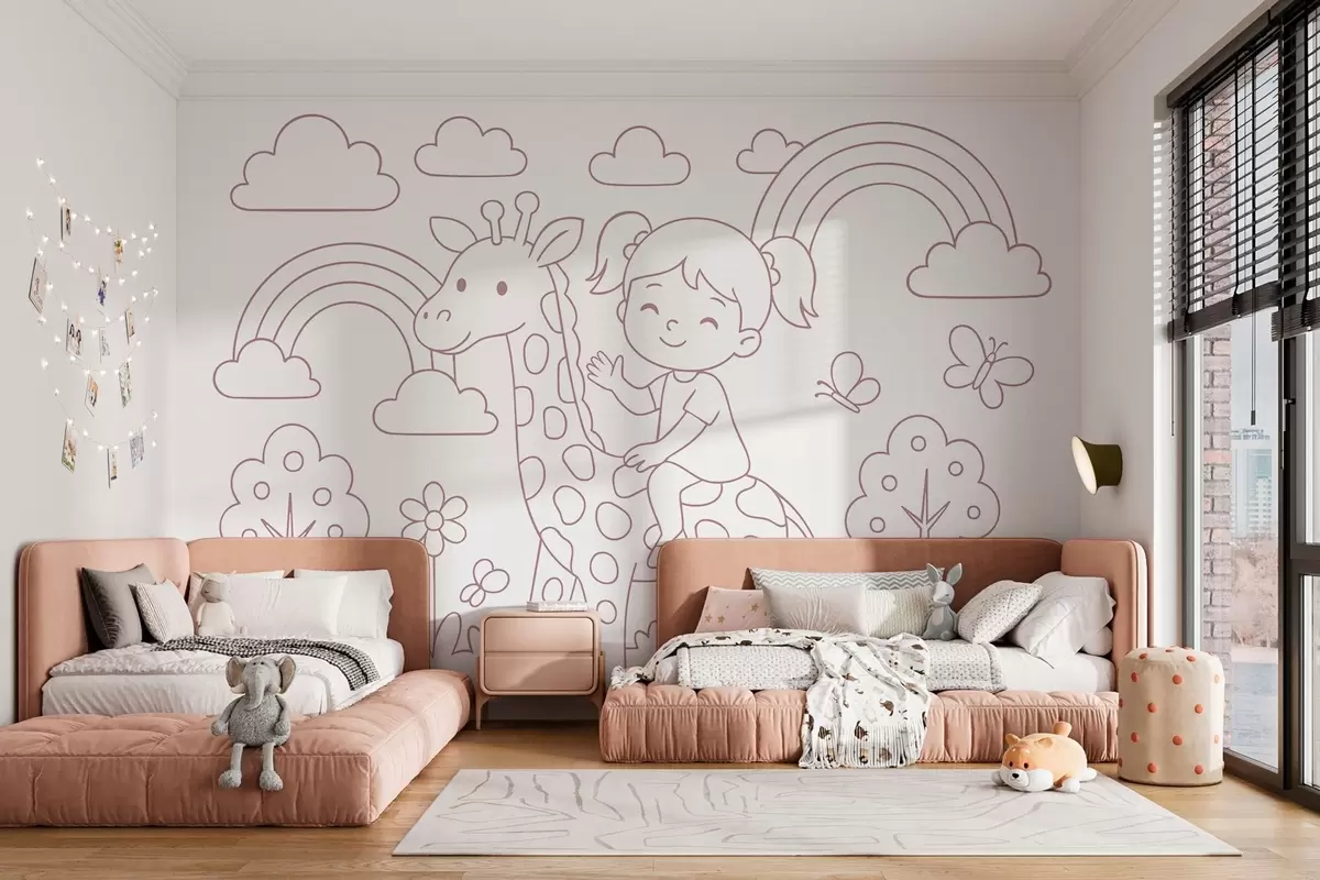 wall murals powder painting of a girl on a giraffe in the style of a children's colouring book w04753v1