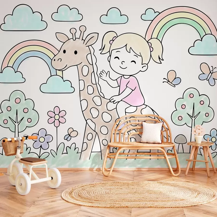 wall murals girl on a giraffe in the style of a children's colouring book w04755