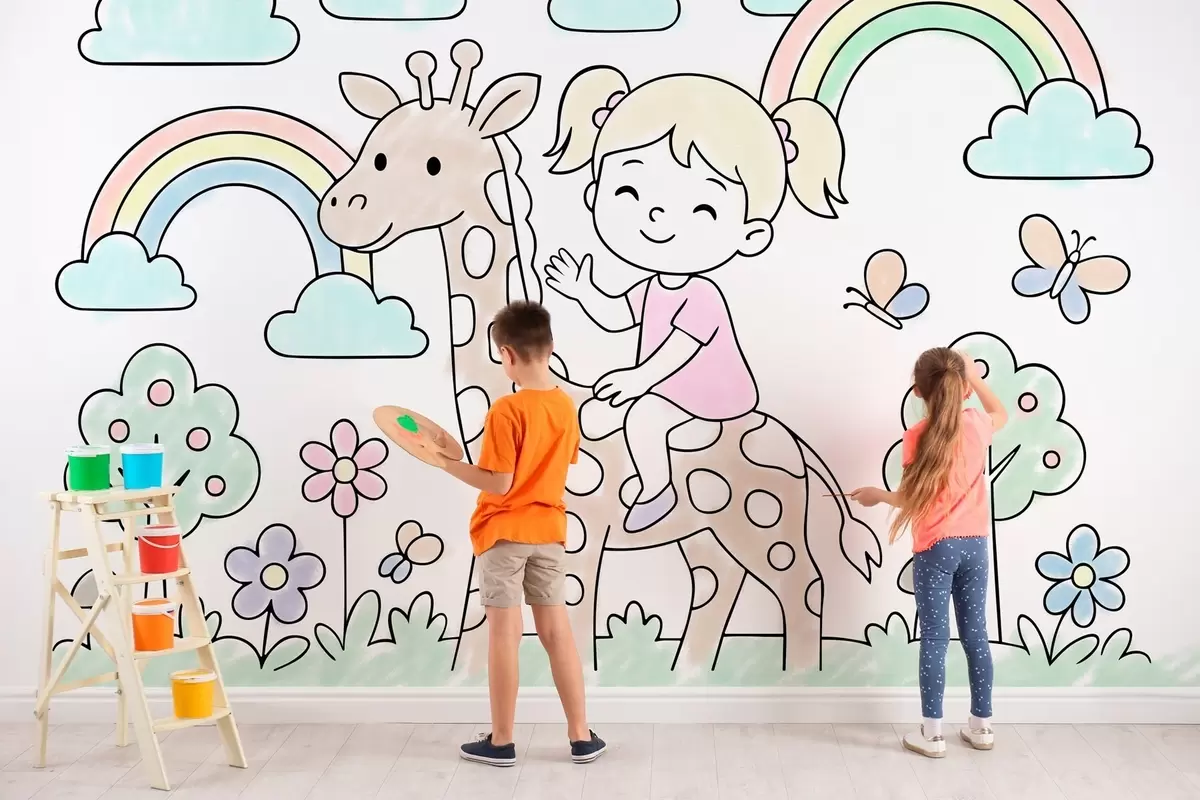wall murals girl on a giraffe in the style of a children's colouring book w04755