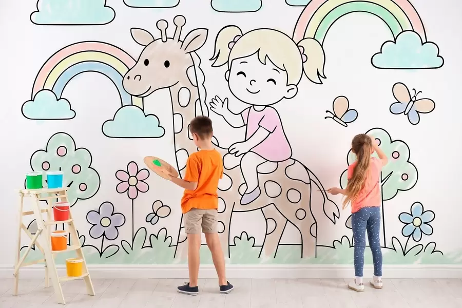 wall murals girl on a giraffe in the style of a children's colouring book w04755