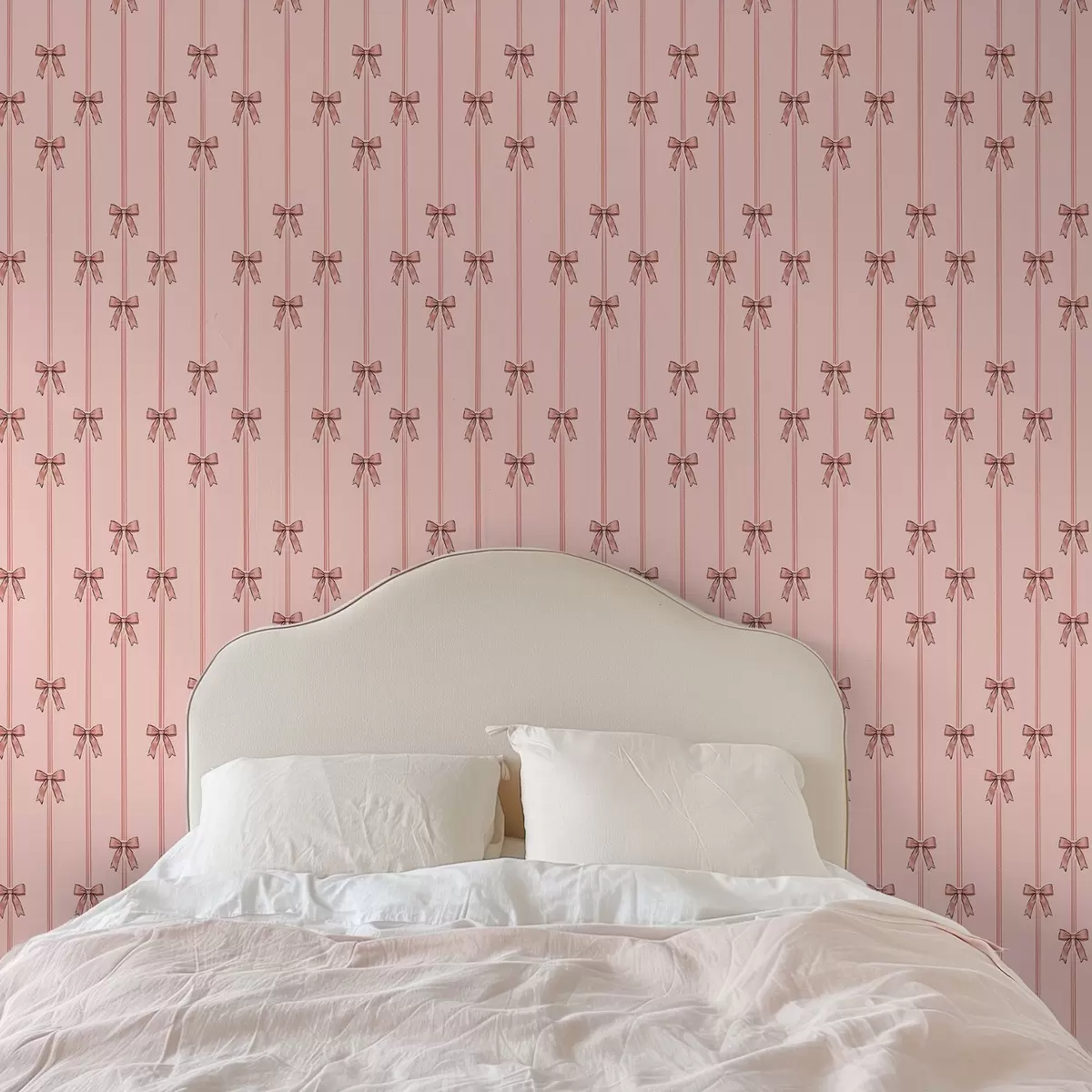 Wallpaper Vertical ribbons with bows, coral pink background a00653v3