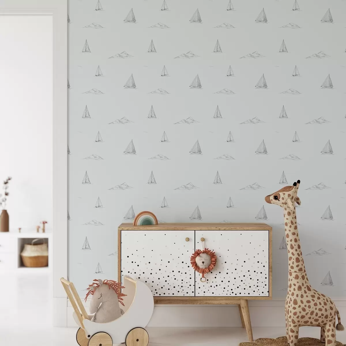 Wallpaper Sketch yachts and islands, cool blue-gray background a00654