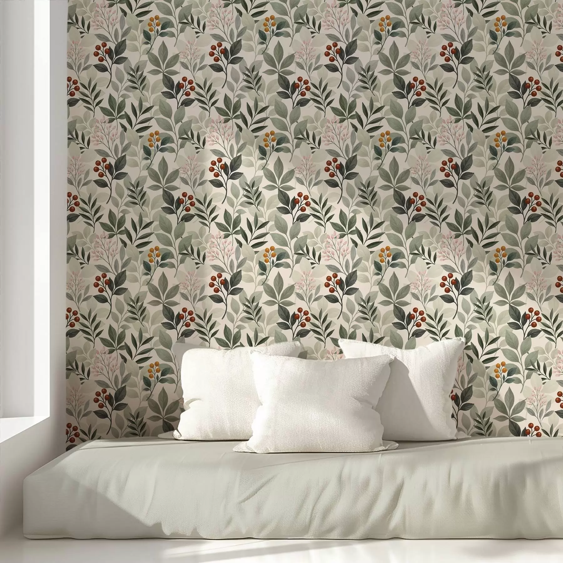 wall murals Leaves with berries, light background a00713