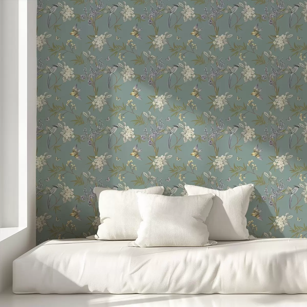 Wallpaper Birds, flowers, and butterflies on a blue-gray background a00735