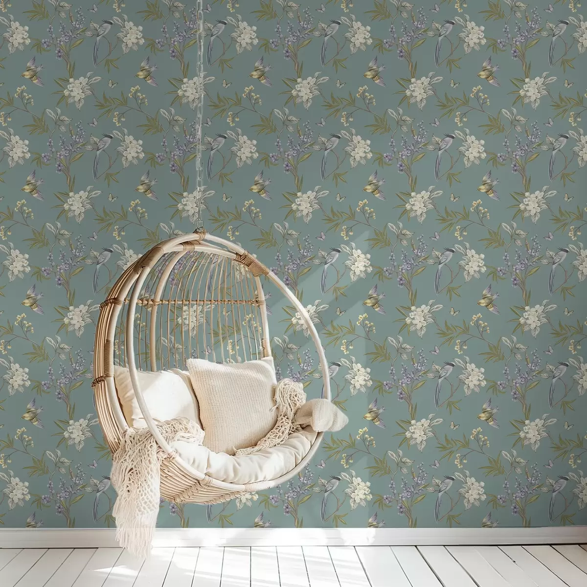 Wallpaper Birds, flowers, and butterflies on a blue-gray background a00735