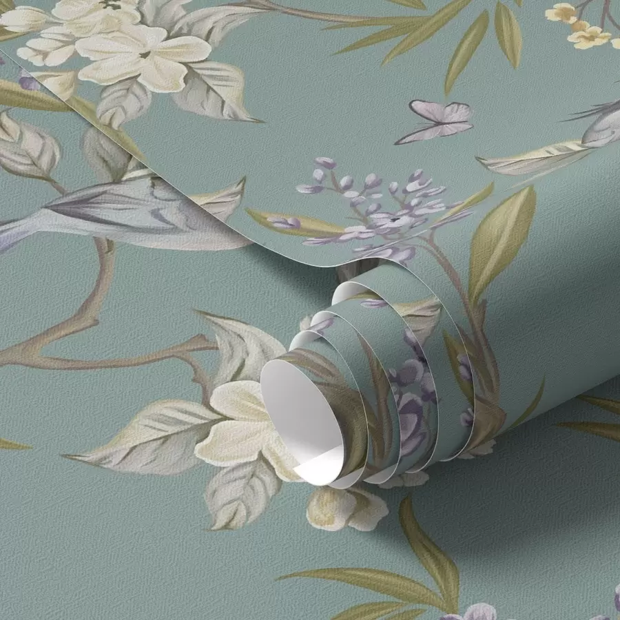 wall murals Birds, flowers, and butterflies on a blue-gray background a00735