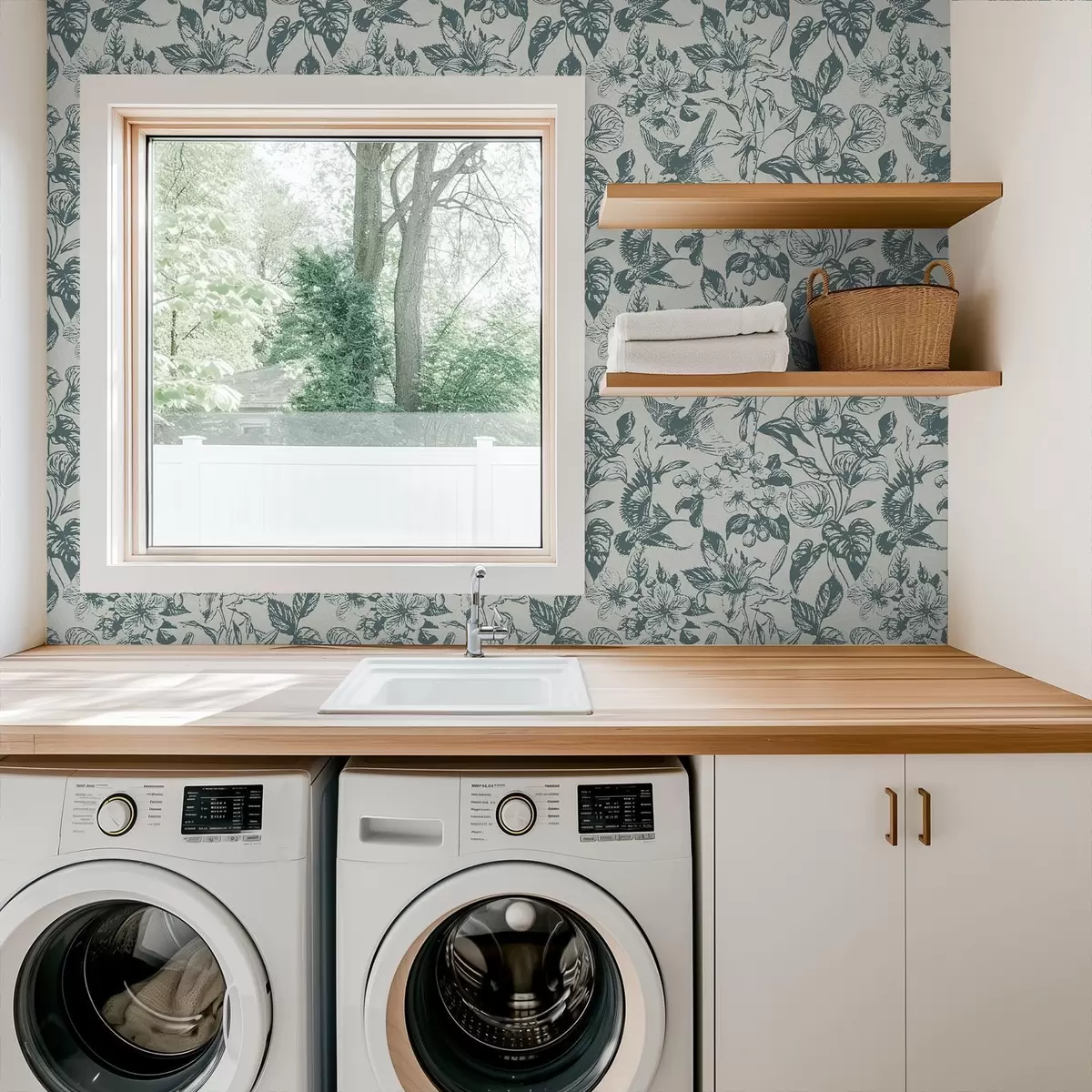 Wallpaper Monochrome floral ornament with birds a00737