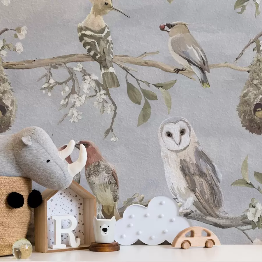 wall murals Birds on branches with flowers on gray background a00738