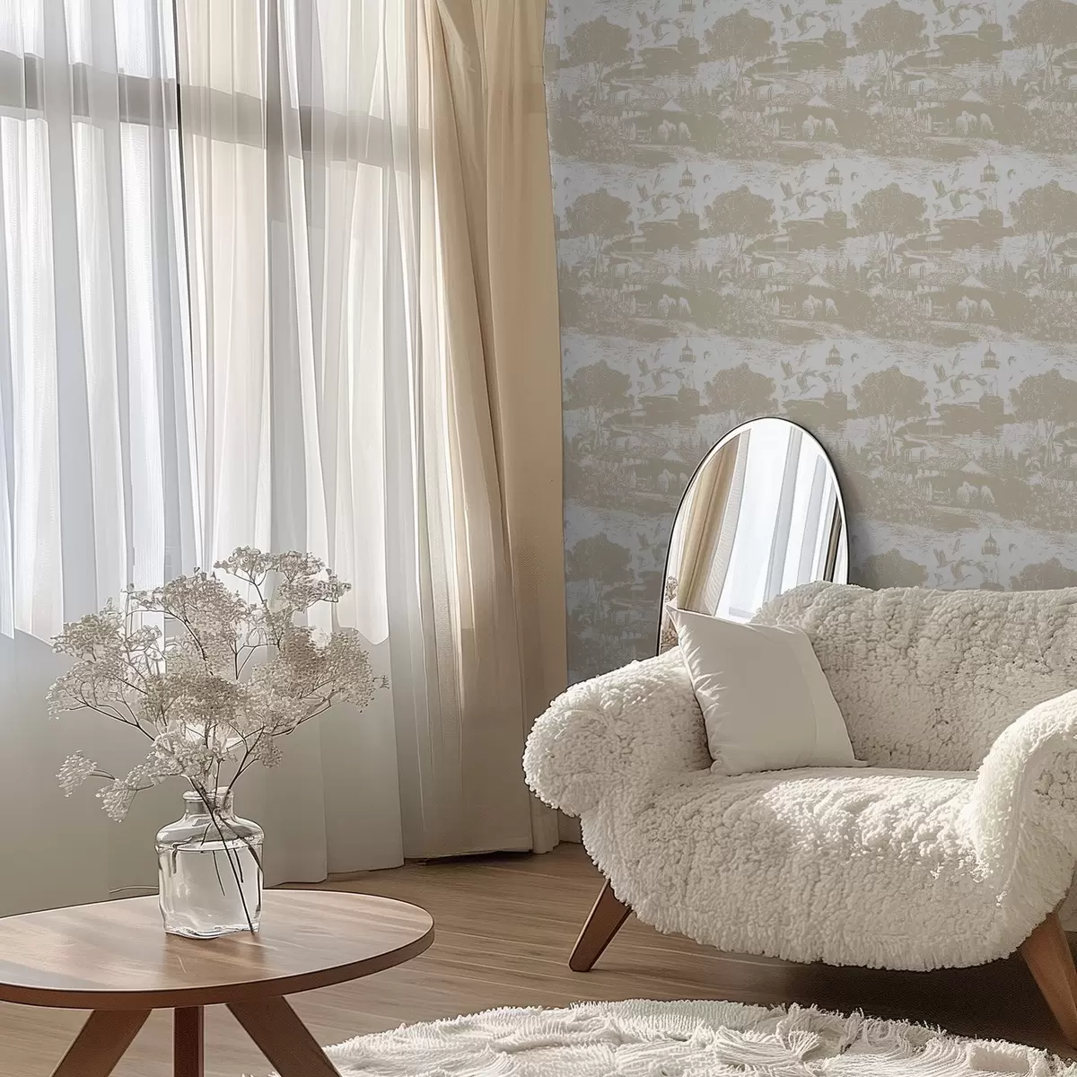 Wallpaper Scene with lighthouse, trees, and houses in sienna a00739