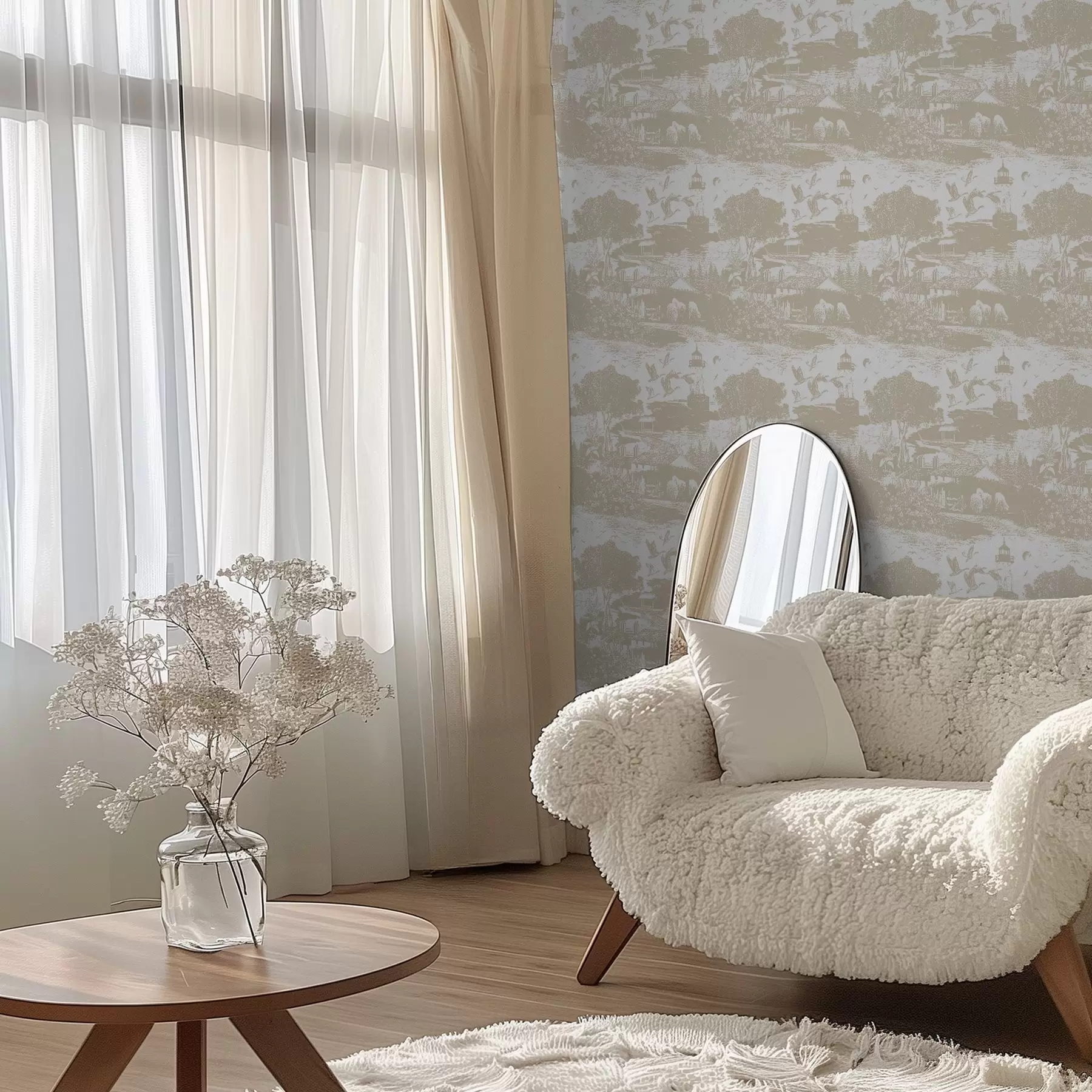 wall murals Scene with lighthouse, trees, and houses in sienna a00739