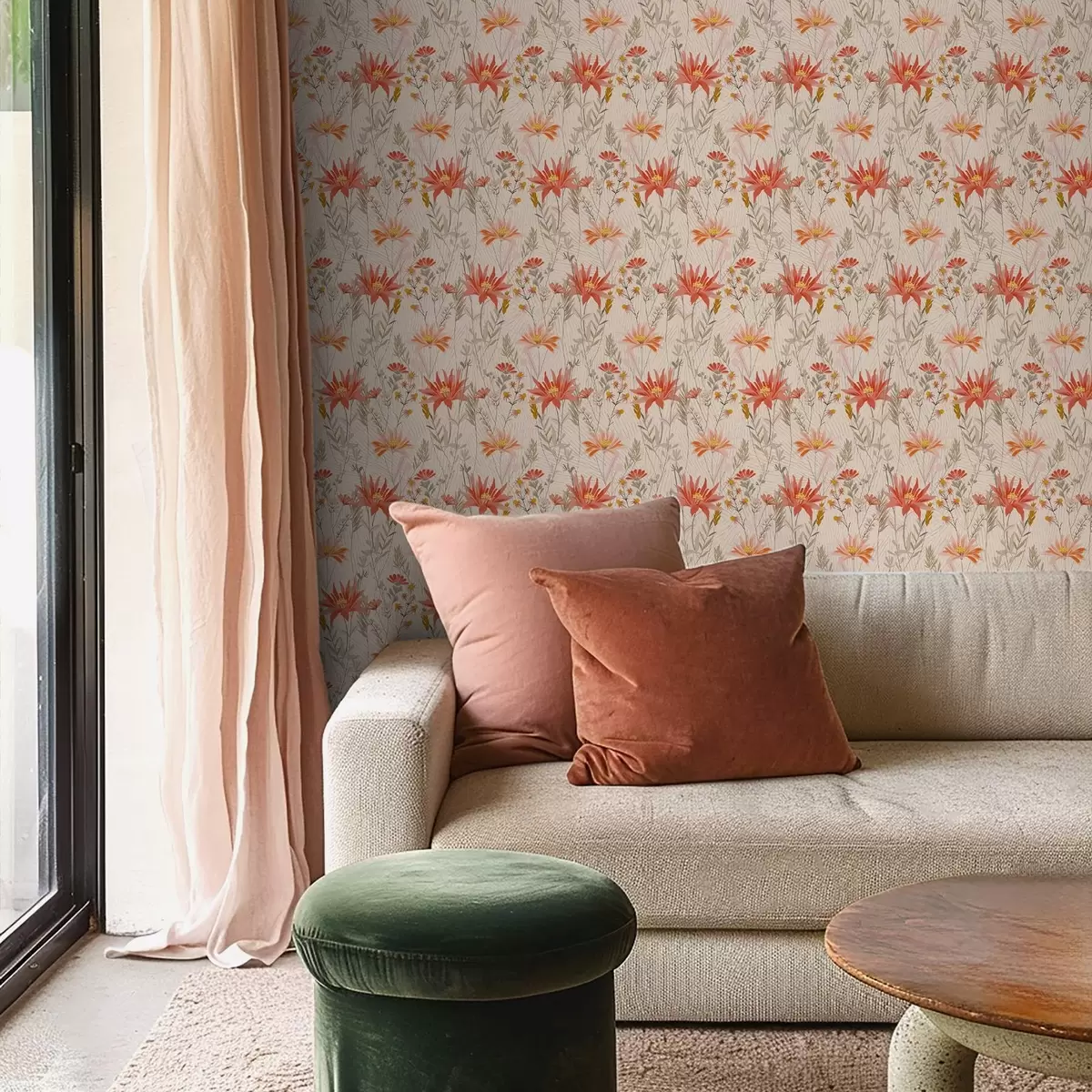 Wallpaper Wildflowers in warm tones on beige background a00751