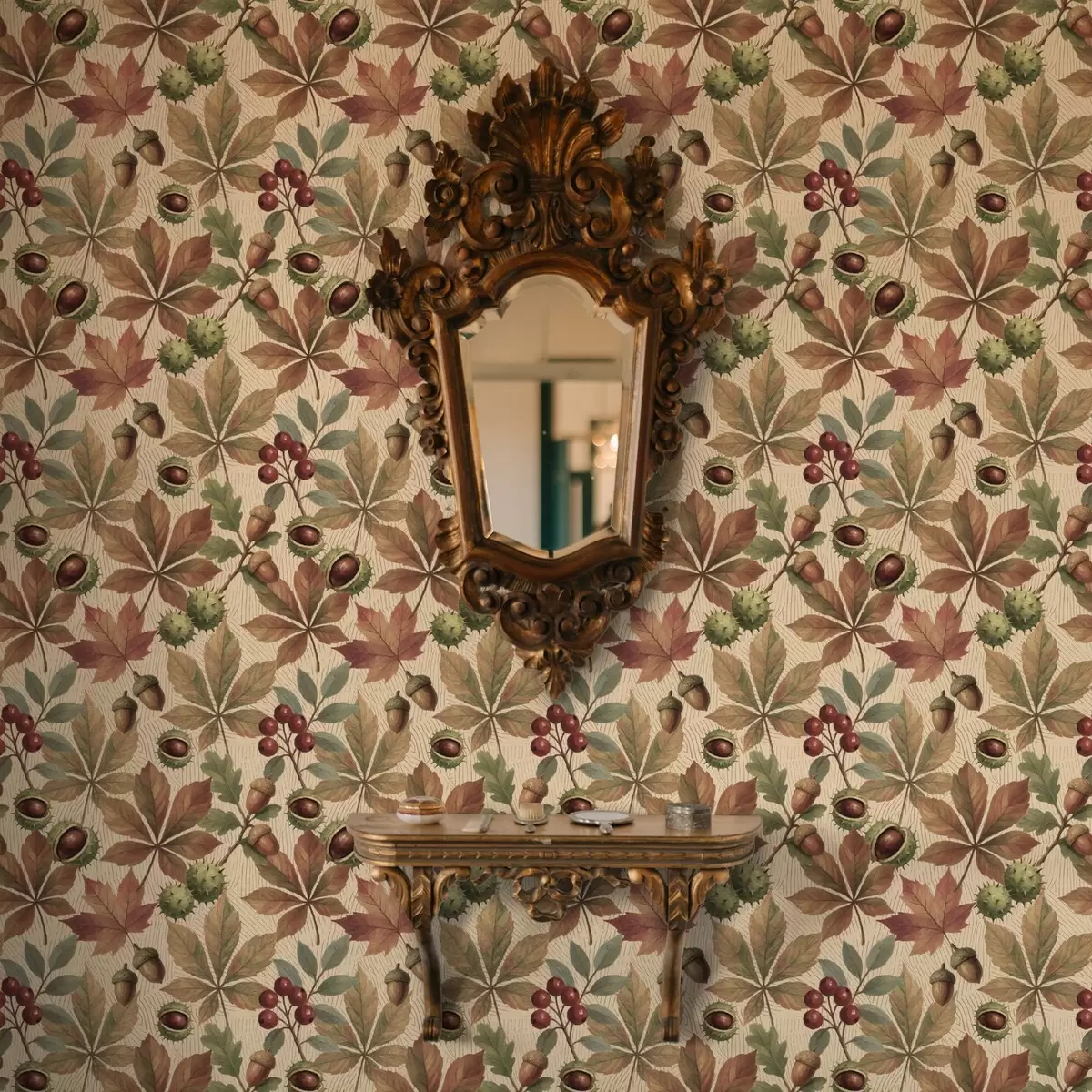 Wallpaper Autumn leaves, acorns, and berries on beige background a00754