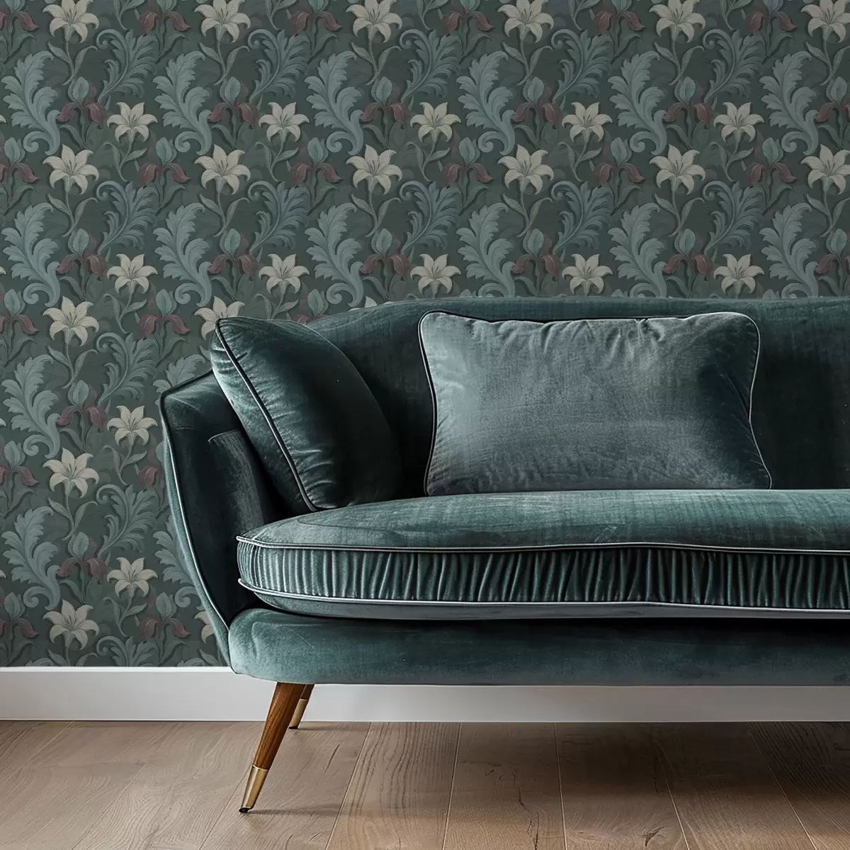 Wallpaper Dark green background with irises and decorative leaves a00755