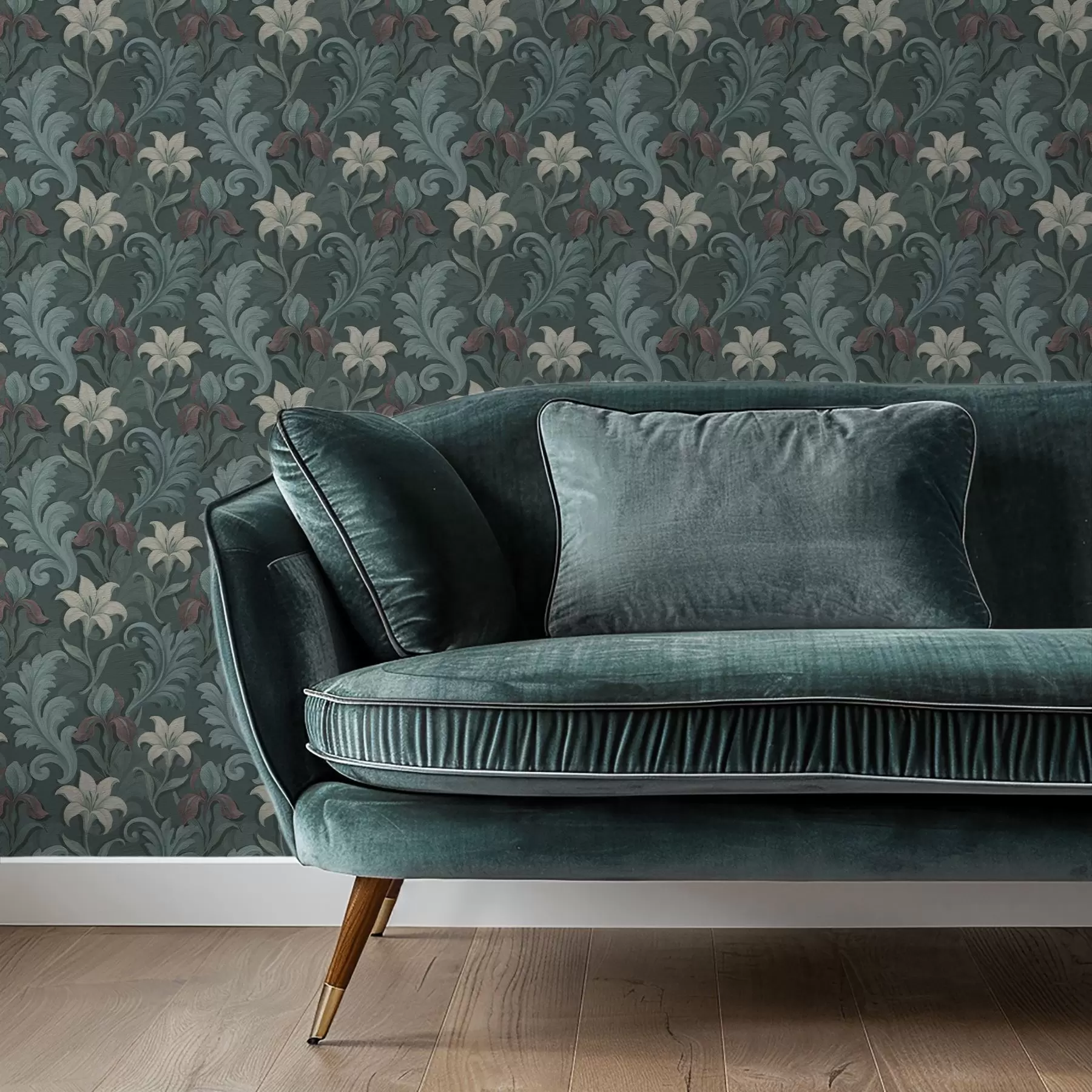 wall murals Dark green background with irises and decorative leaves a00755