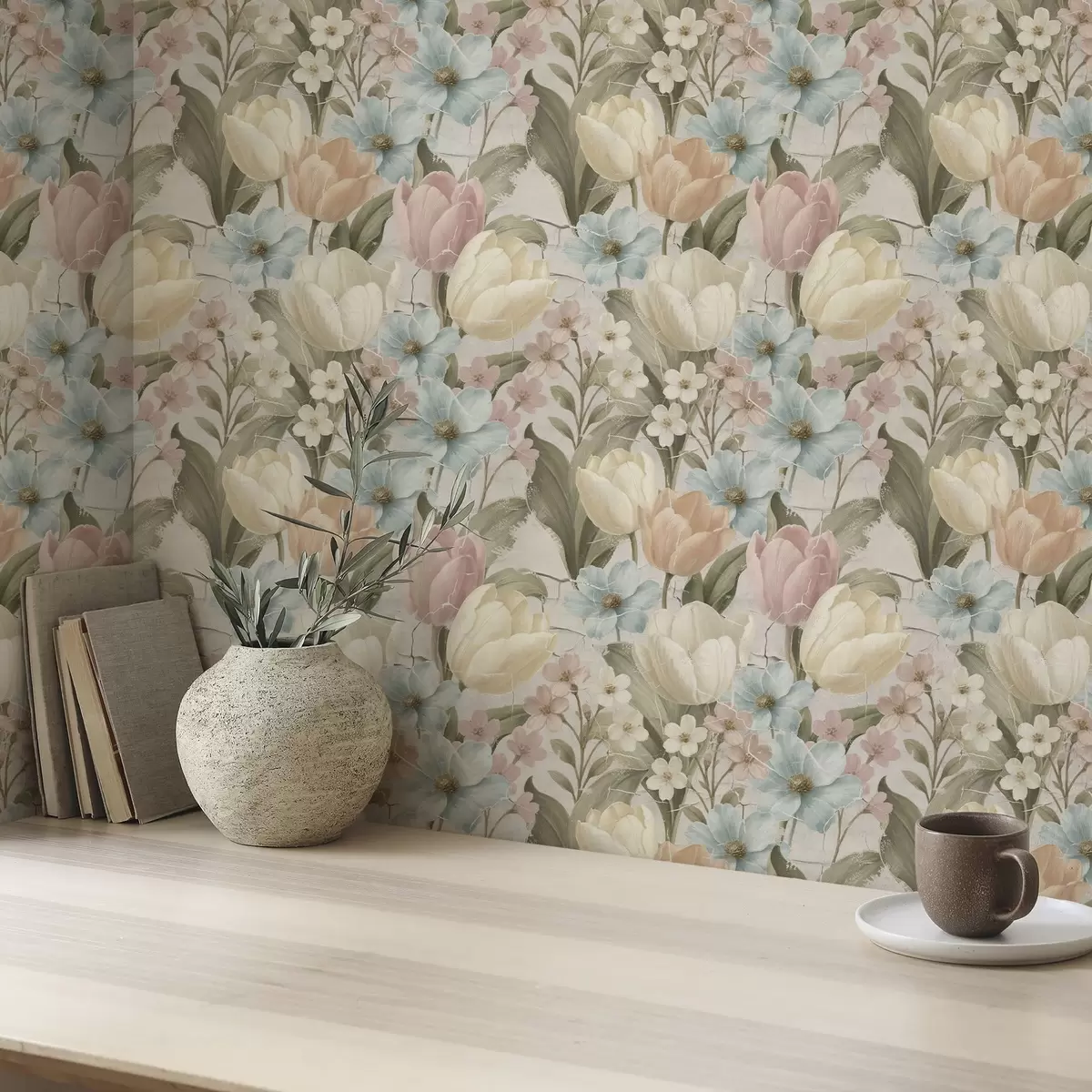 Wallpaper Pastel tulips and flowers on light cracked background a00756