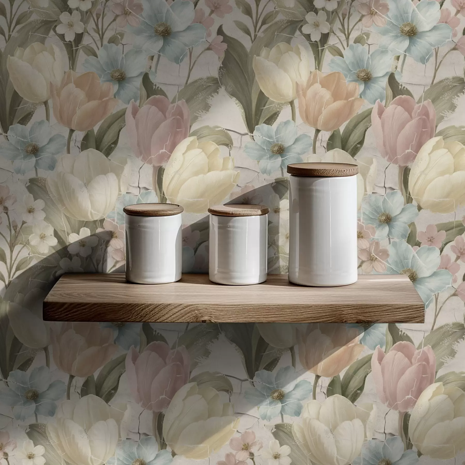 wall murals Pastel tulips and flowers on light cracked background a00756