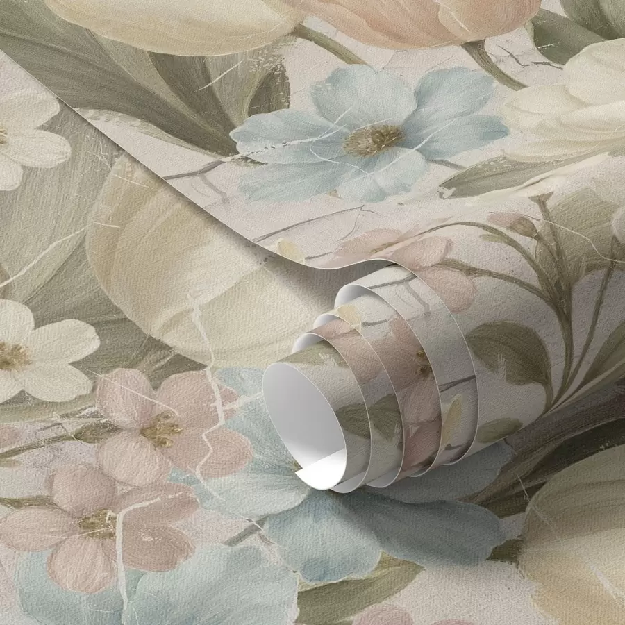 wall murals Pastel tulips and flowers on light cracked background a00756