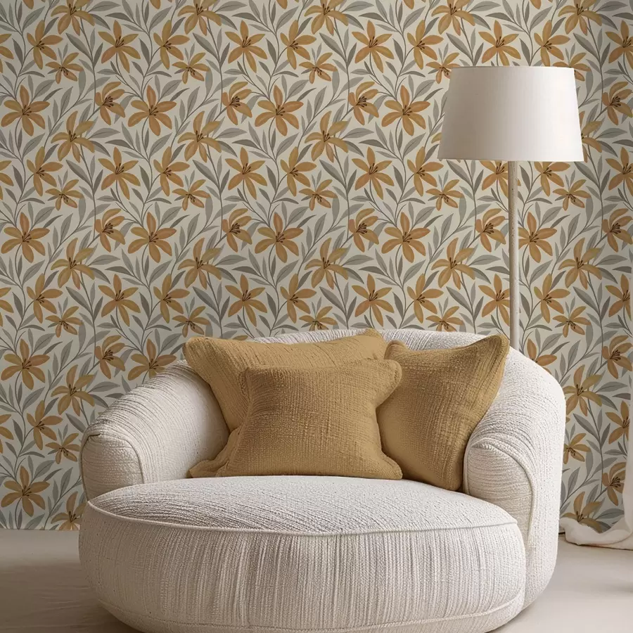 wall murals Yellow lilies and gray-green leaves on light background a00757