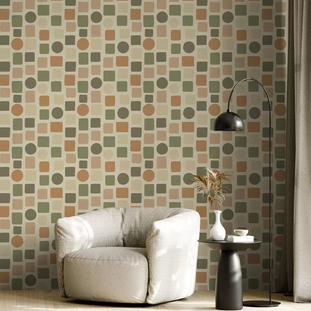 Wallpaper Geometric pattern of squares and circles in warm tones a00759