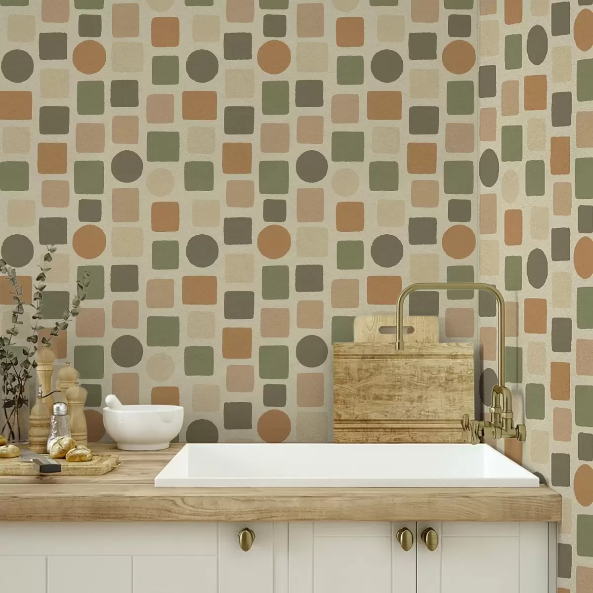 Wallpaper Geometric pattern of squares and circles in warm tones a00759