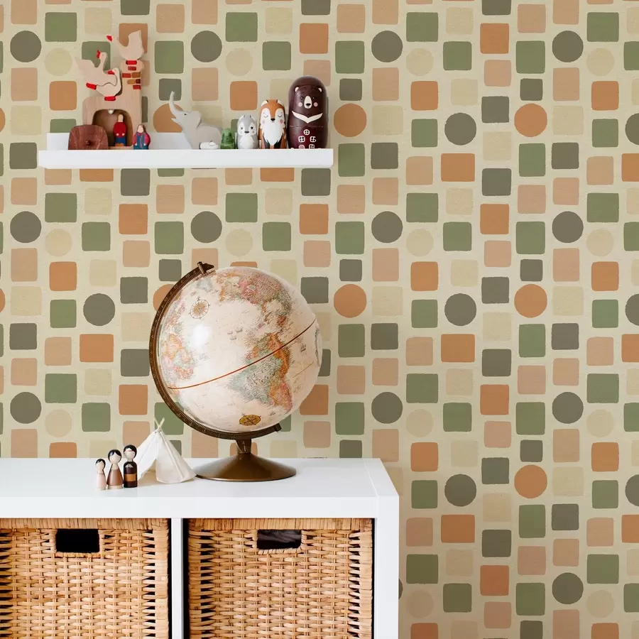 wall murals Geometric pattern of squares and circles in warm tones a00759