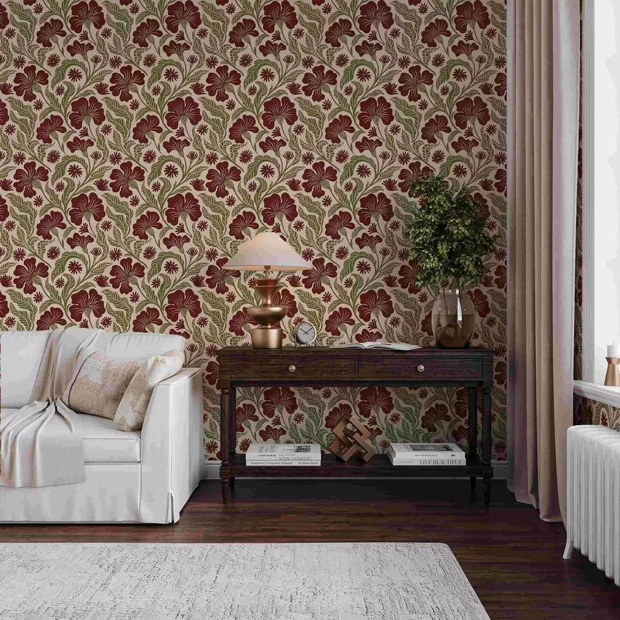 wall murals Burgundy flowers with green leaves on light background a00761