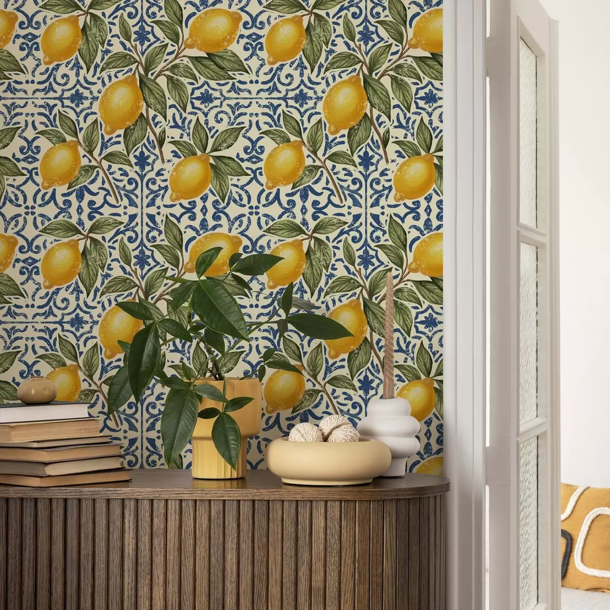 Wallpaper Lemon branches with blue ornamental background a00763