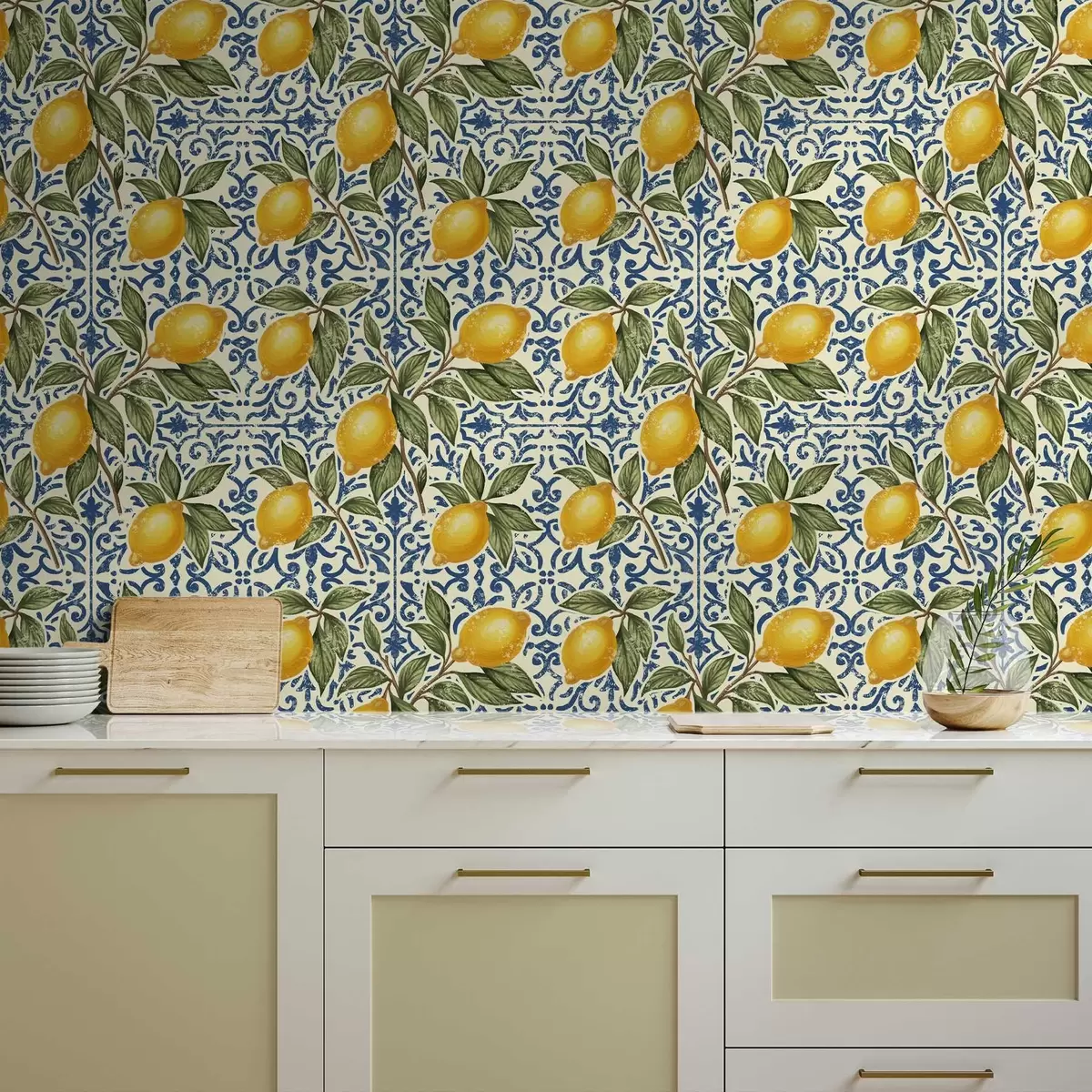 Wallpaper Lemon branches with blue ornamental background a00763