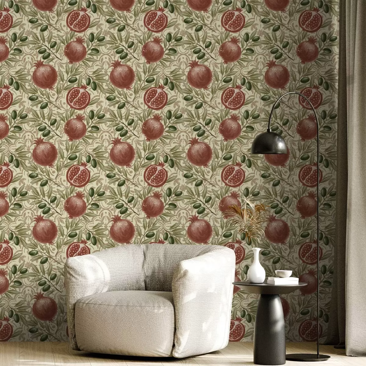Wallpaper Pomegranate and olive branches on ornamental background a00764