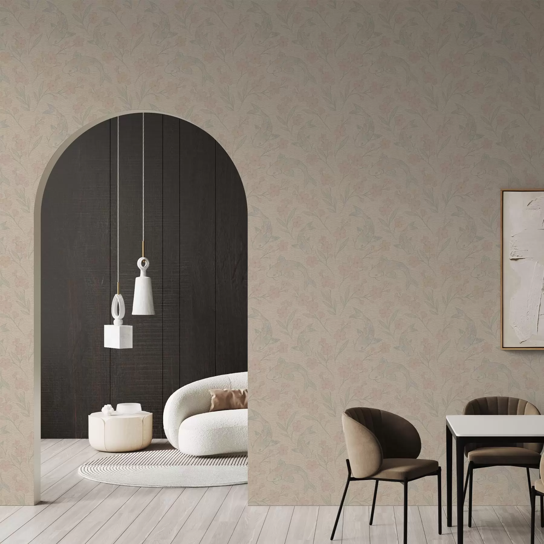 wall murals Carps among flowers in soft beige-pink shades a00766